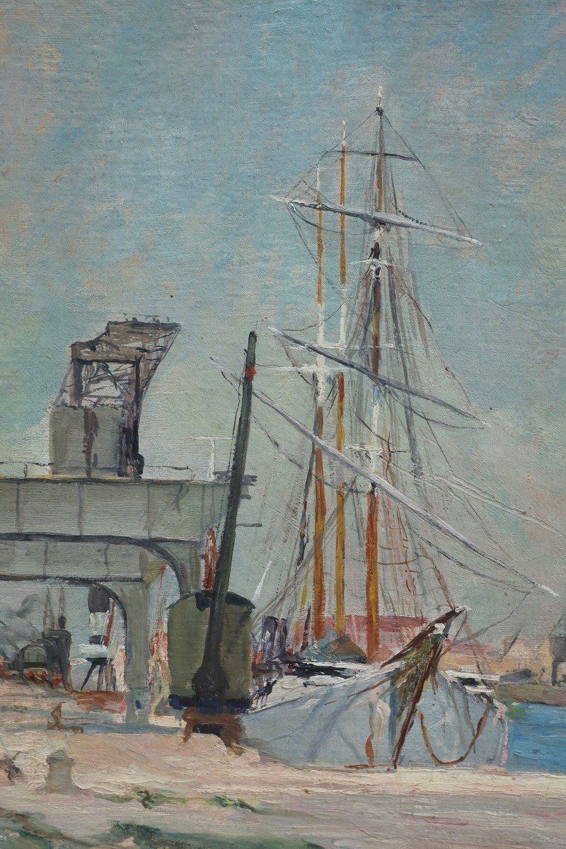 Voilier dans un port, Vendée ou Charentes Maritimes. Berthe HAINAUT (1883-c.1973)-photo-4