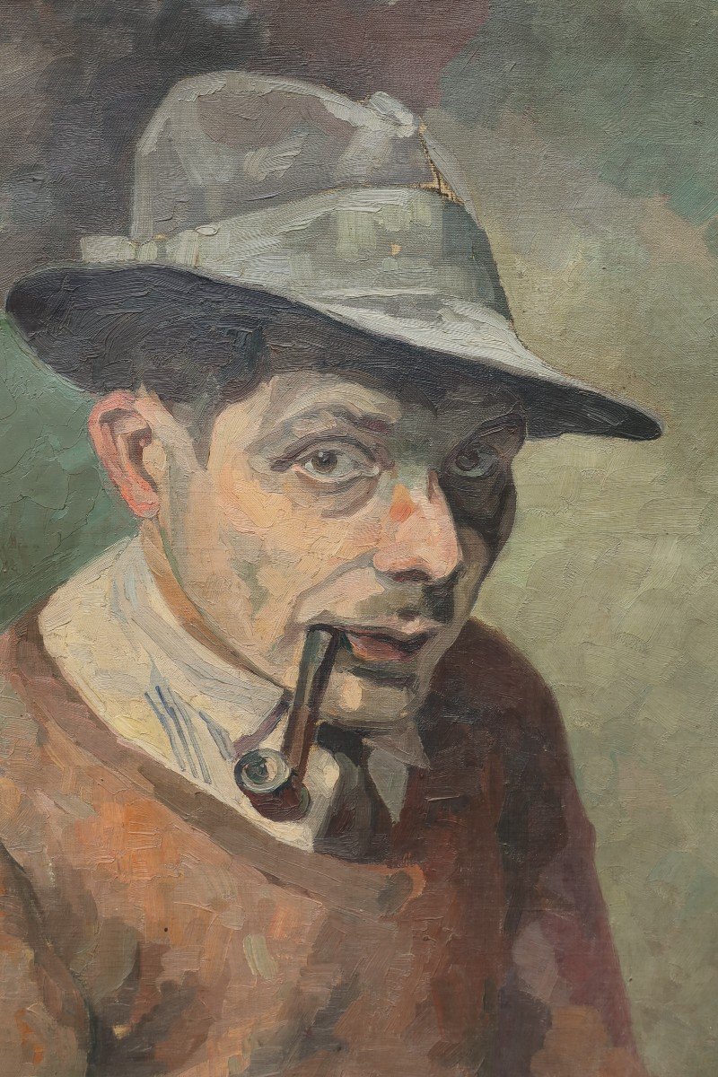 Autoportrait à la pipe du peintre René Lucien GASCHE (1900-?)-photo-3