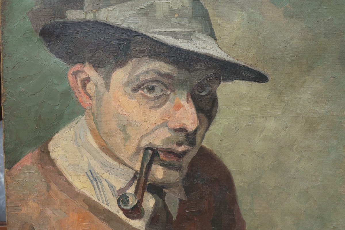 Autoportrait à la pipe du peintre René Lucien GASCHE (1900-?)-photo-1