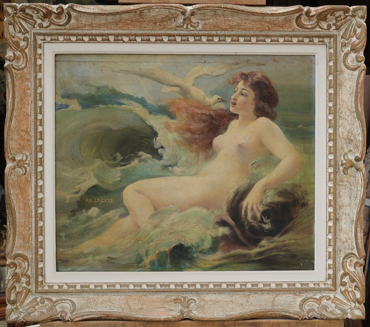 Adolphe Lalire Or Lalyre (1848-1933). Woman As Venus Or Aphrodite With Dolphin Emerging From Water-photo-2