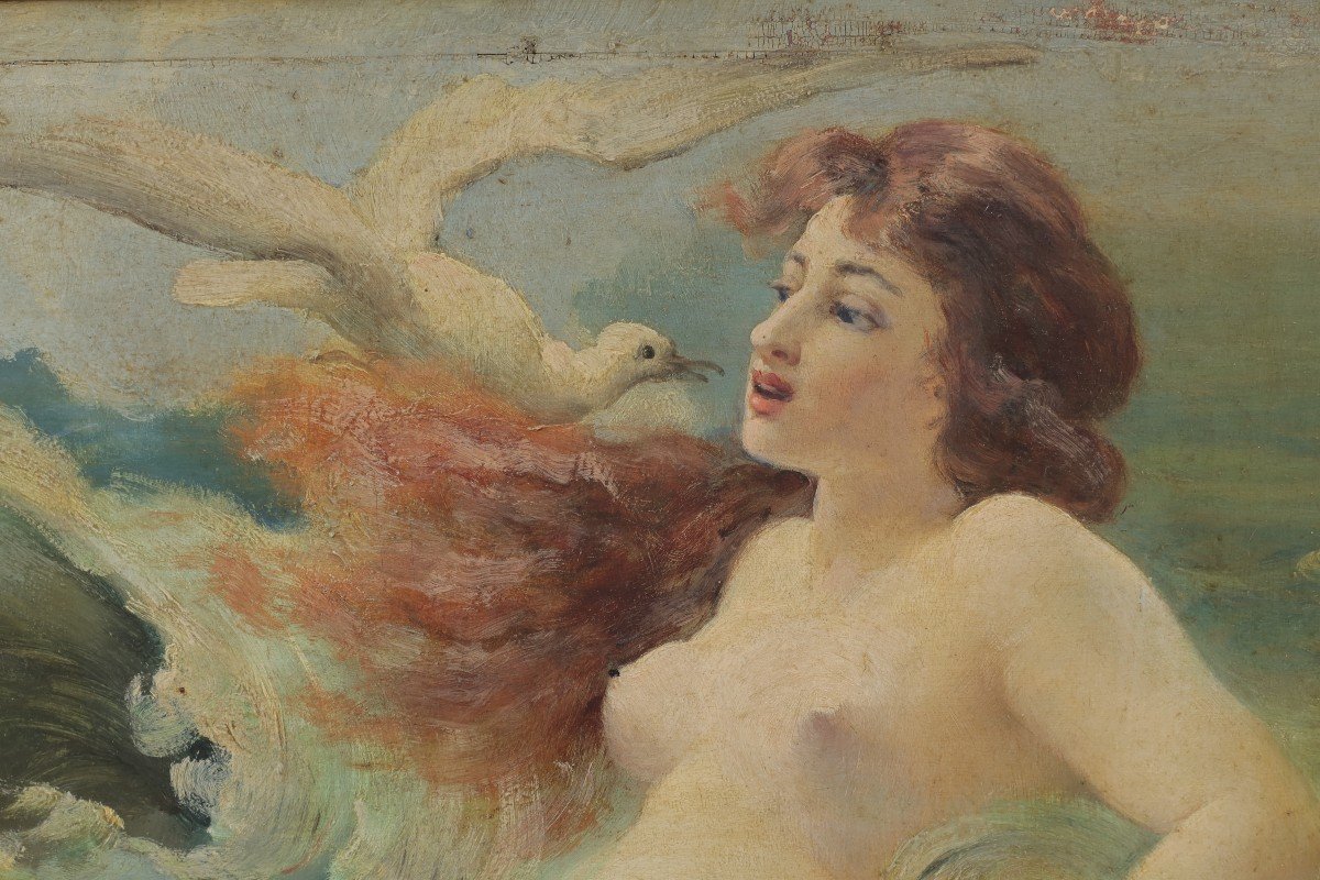Adolphe Lalire Or Lalyre (1848-1933). Woman As Venus Or Aphrodite With Dolphin Emerging From Water-photo-1