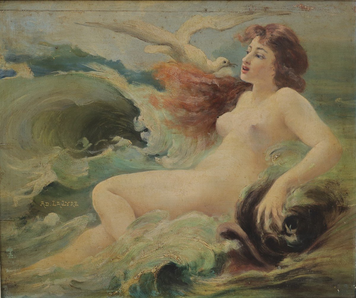 Adolphe Lalire Or Lalyre (1848-1933). Woman As Venus Or Aphrodite With Dolphin Emerging From Water