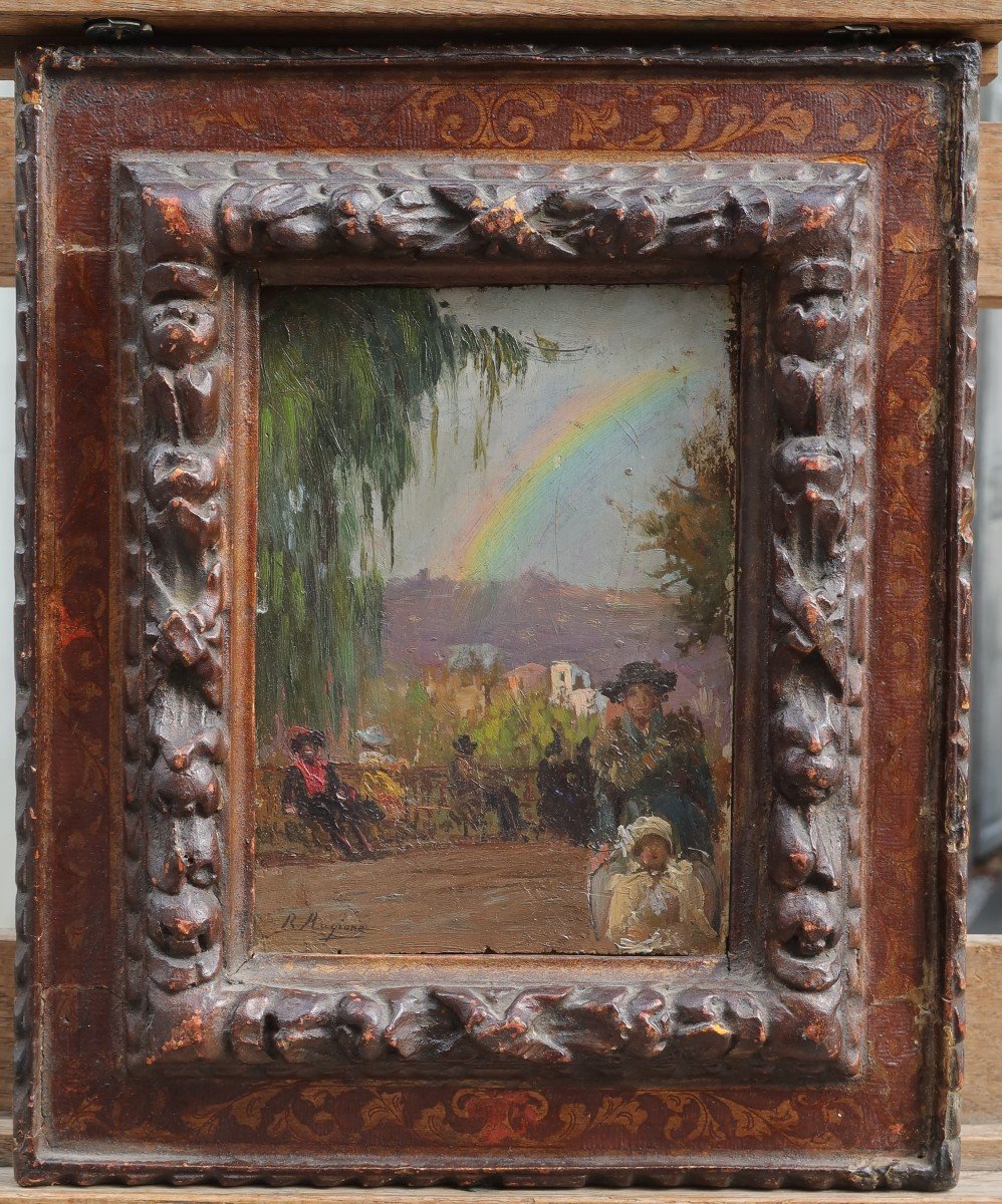 Raffaele RAGIONE (1851-1919). Scène de parc avec un arc-en-ciel-photo-2