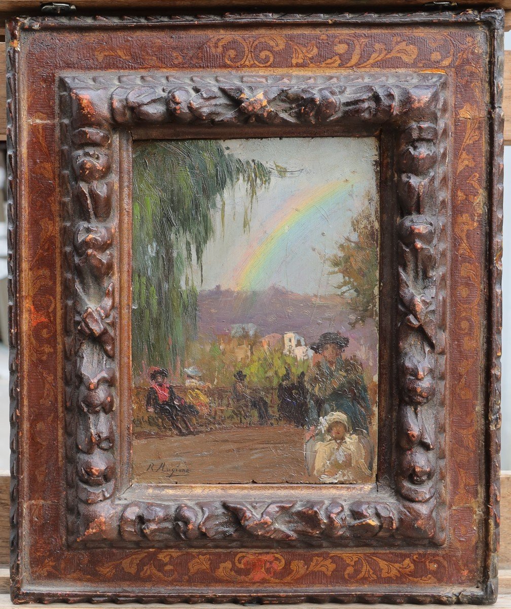 Raffaele RAGIONE (1851-1919). Scène de parc avec un arc-en-ciel-photo-3