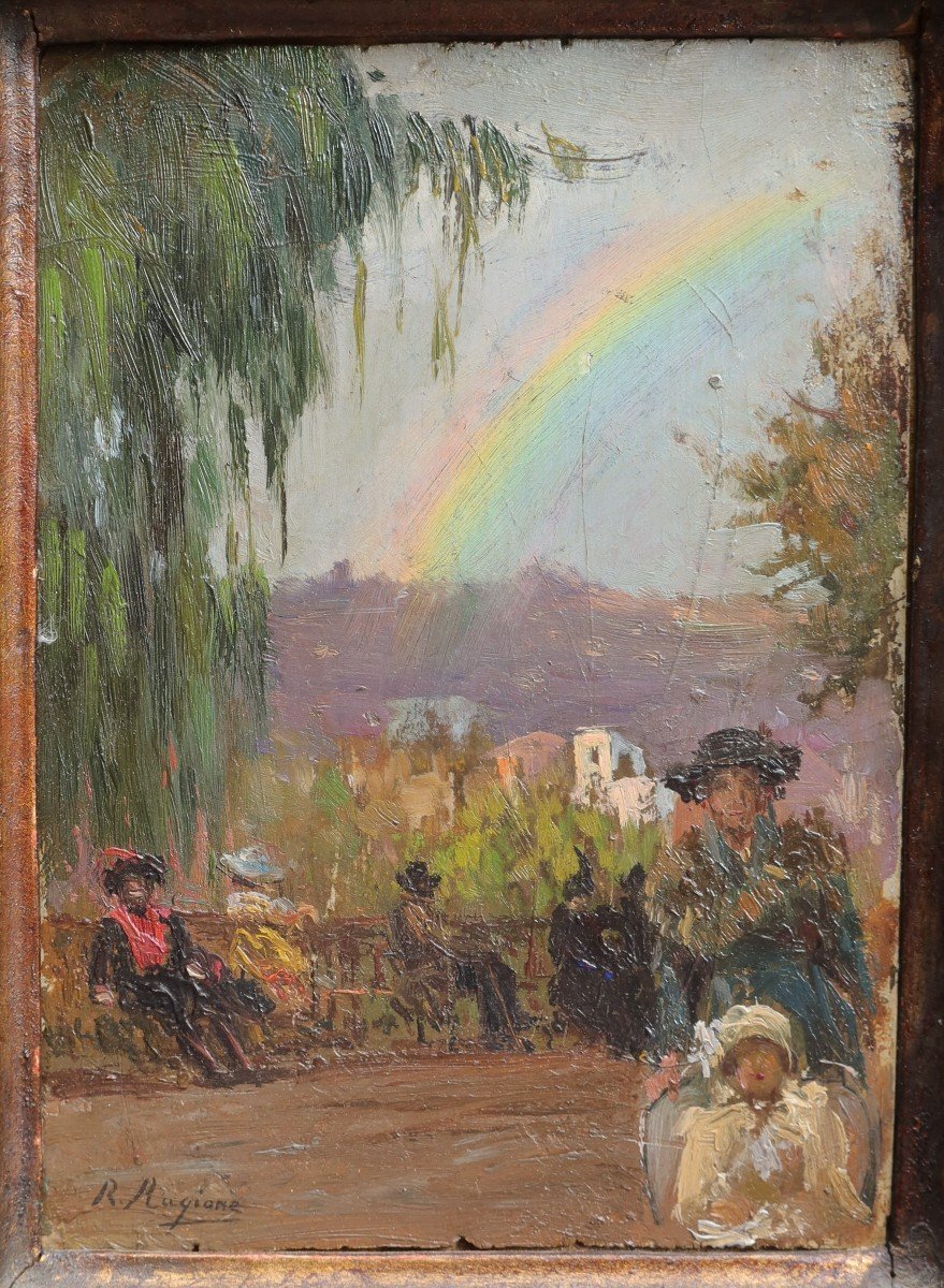 Raffaele RAGIONE (1851-1919). Scène de parc avec un arc-en-ciel-photo-4