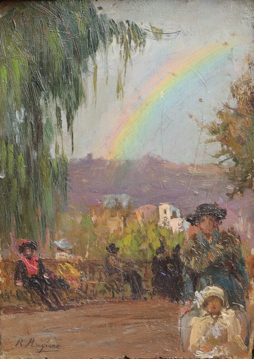 Raffaele RAGIONE (1851-1919). Scène de parc avec un arc-en-ciel