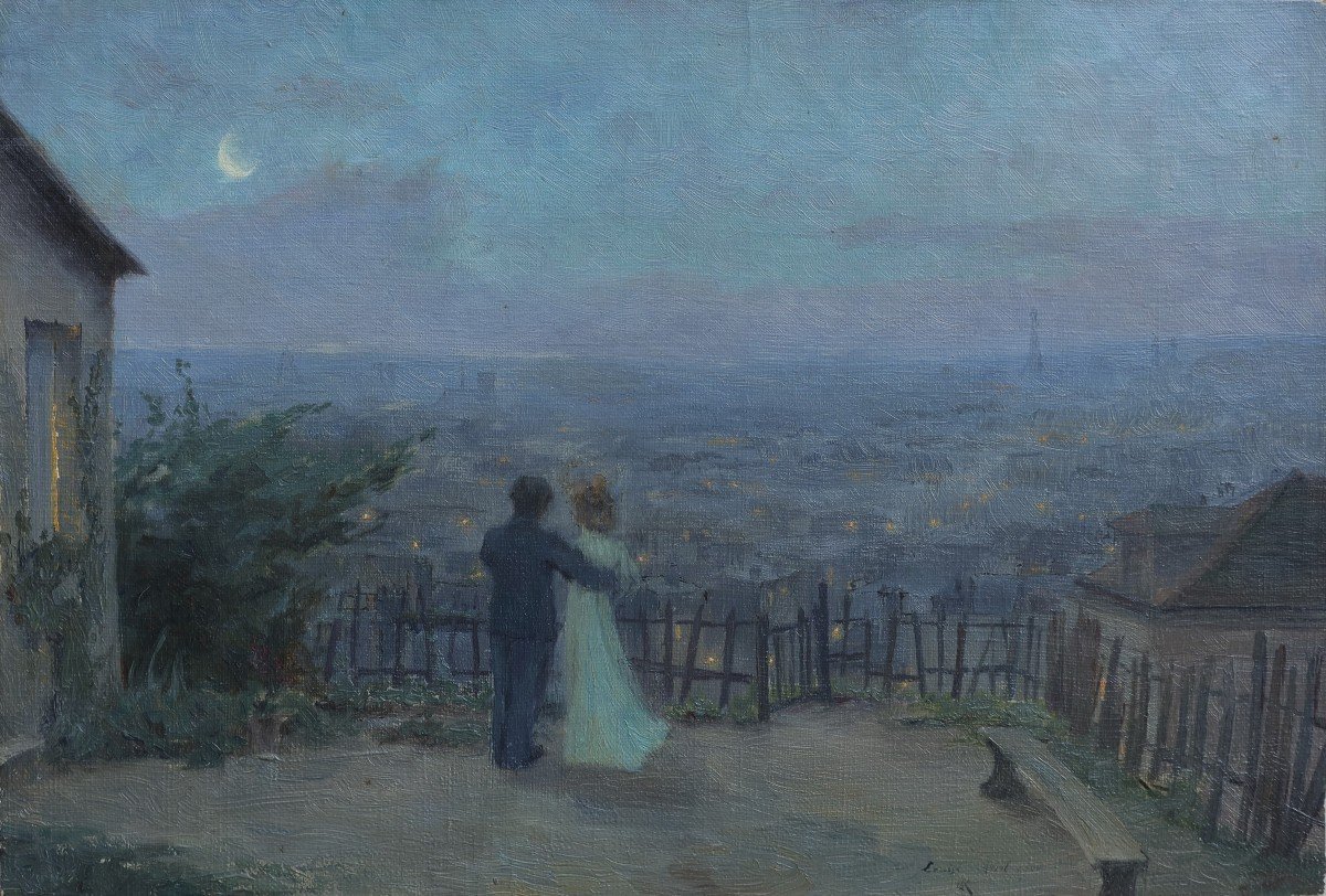 Couple In Front Of Paris Underthe Moon. Gaston Knecht (1875-1968)