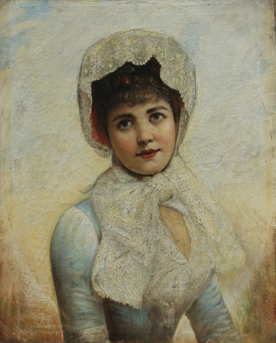 Portrait d'une élégante femme au chapeau de dentelle fin XIXè, Ecole européenne signée.