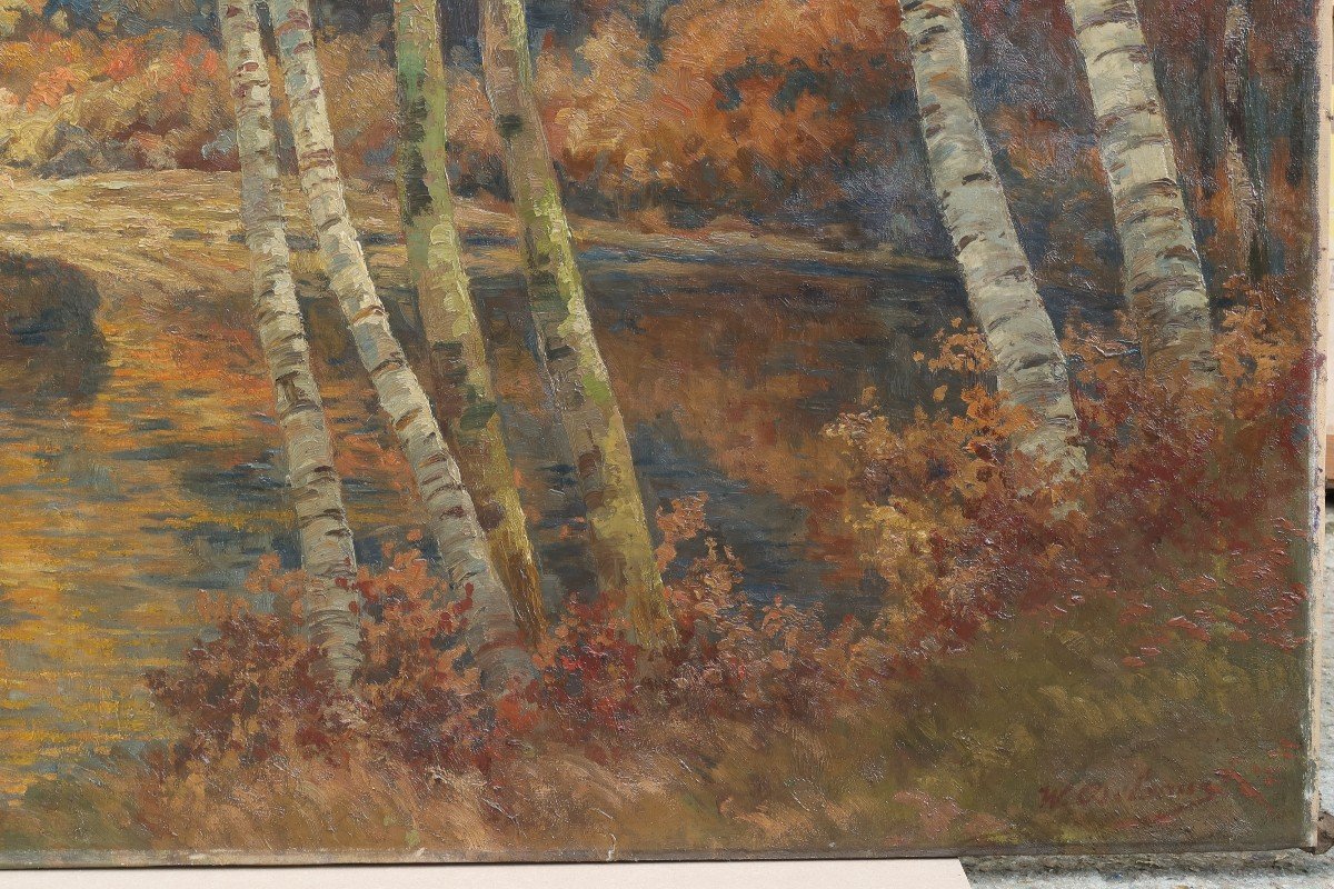 Très grand tableau. La rivière en automne, la Meuse ? Willem DELSAUX (1862-1945)-photo-1