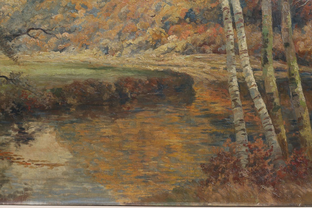 Très grand tableau. La rivière en automne, la Meuse ? Willem DELSAUX (1862-1945)-photo-2