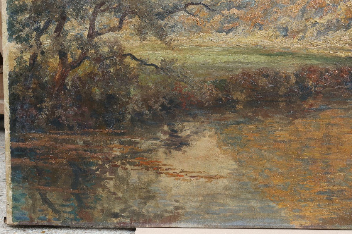 Très grand tableau. La rivière en automne, la Meuse ? Willem DELSAUX (1862-1945)-photo-3