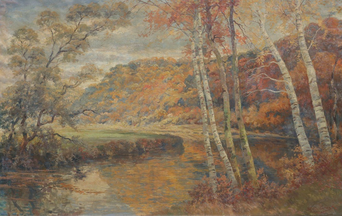 Très grand tableau. La rivière en automne, la Meuse ? Willem DELSAUX (1862-1945)