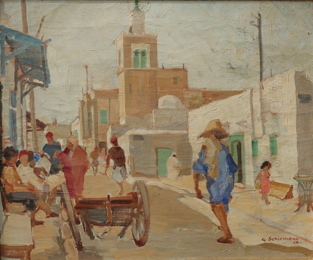 Rue animée à Tunis en 1946. Georges SCHIRMANN (1907-1977)