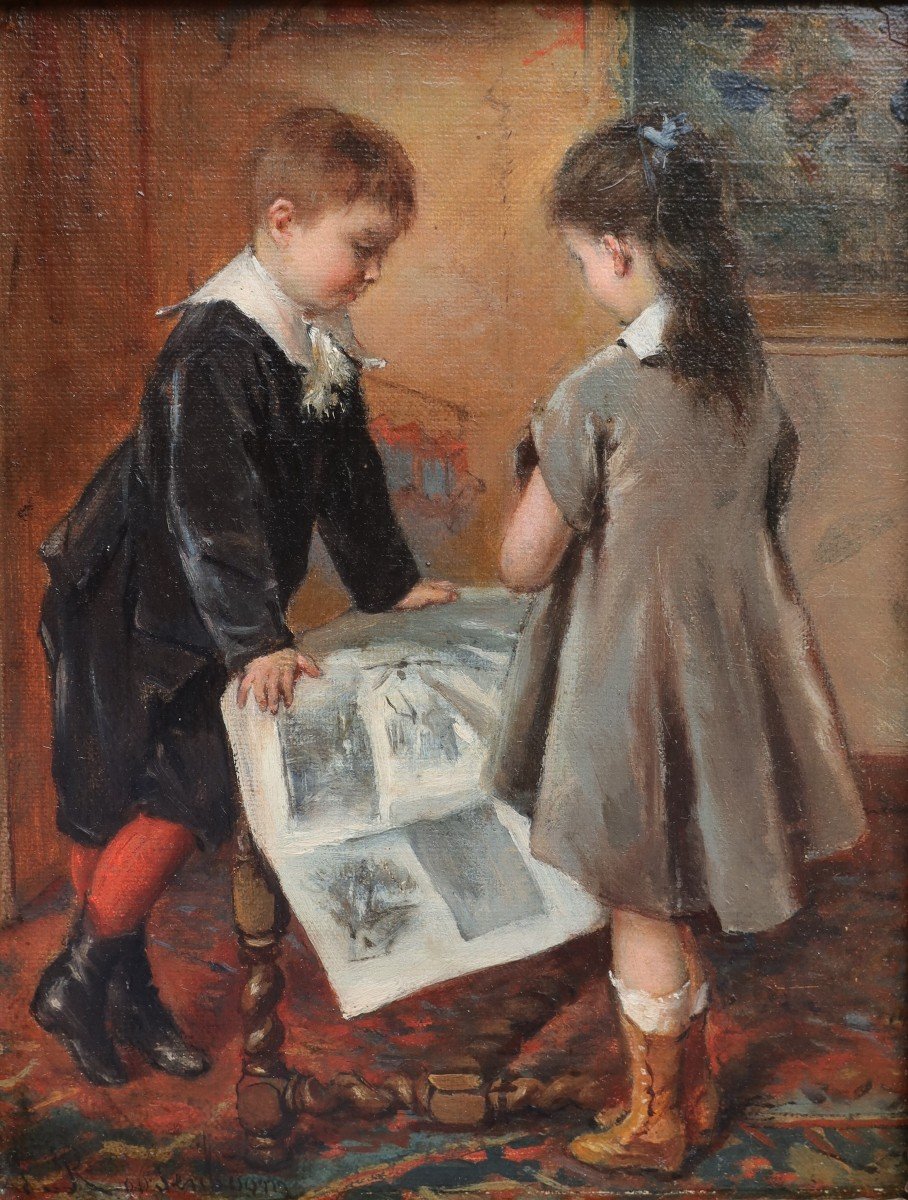 Albert ROOSENBOOM (1845-1875).  Deux enfants regardant des images-photo-2