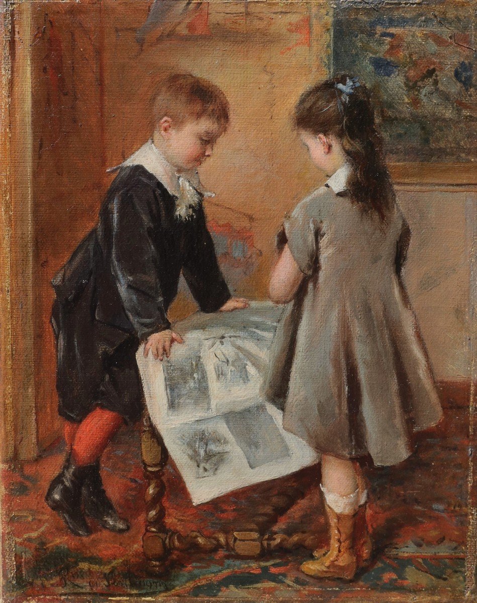 Albert ROOSENBOOM (1845-1875).  Deux enfants regardant des images