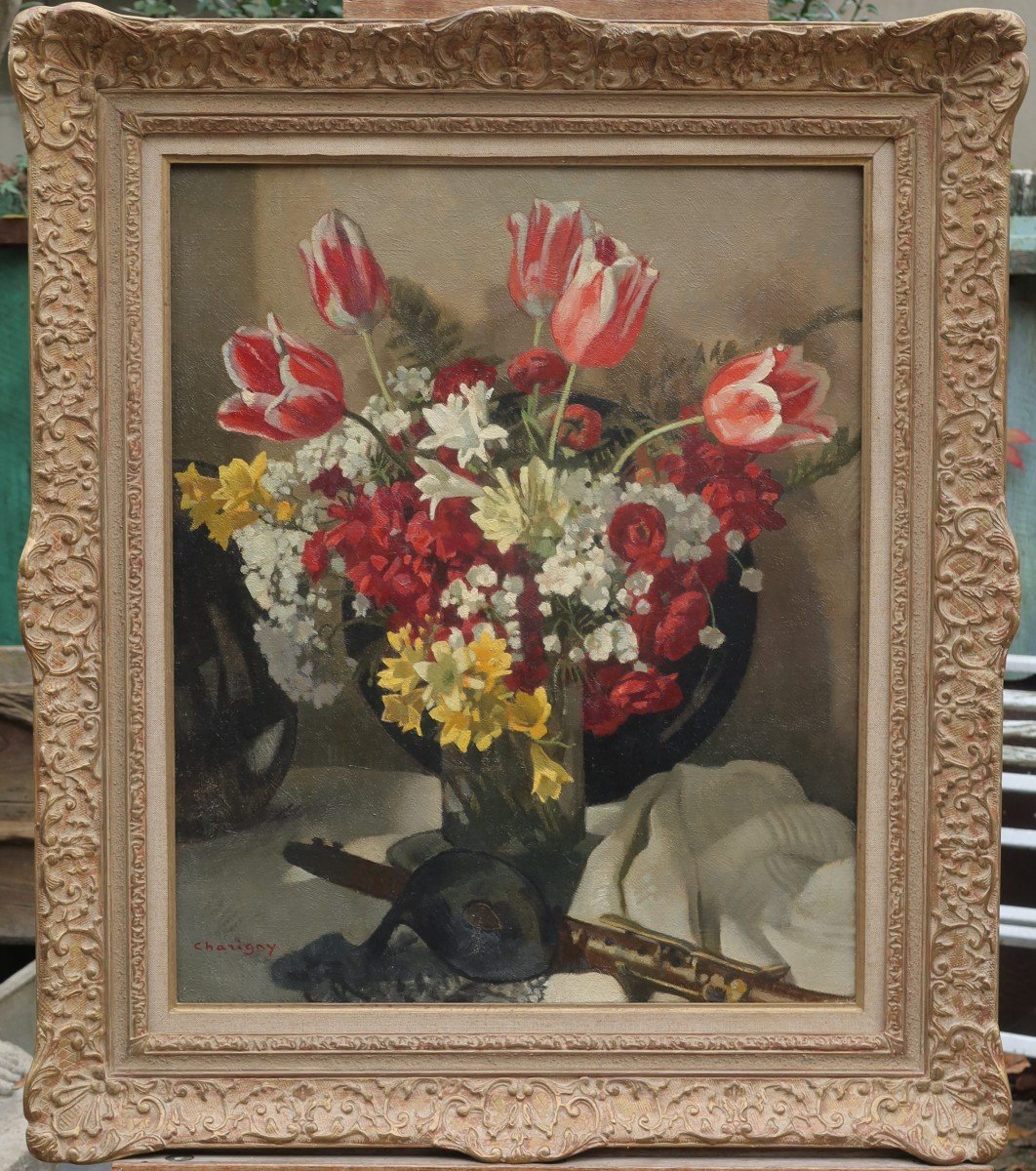 André CHARIGNY (1902-2000). Nature morte aux tulipes et à la clarinette.-photo-2