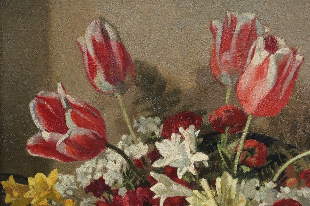 André CHARIGNY (1902-2000). Nature morte aux tulipes et à la clarinette.-photo-2