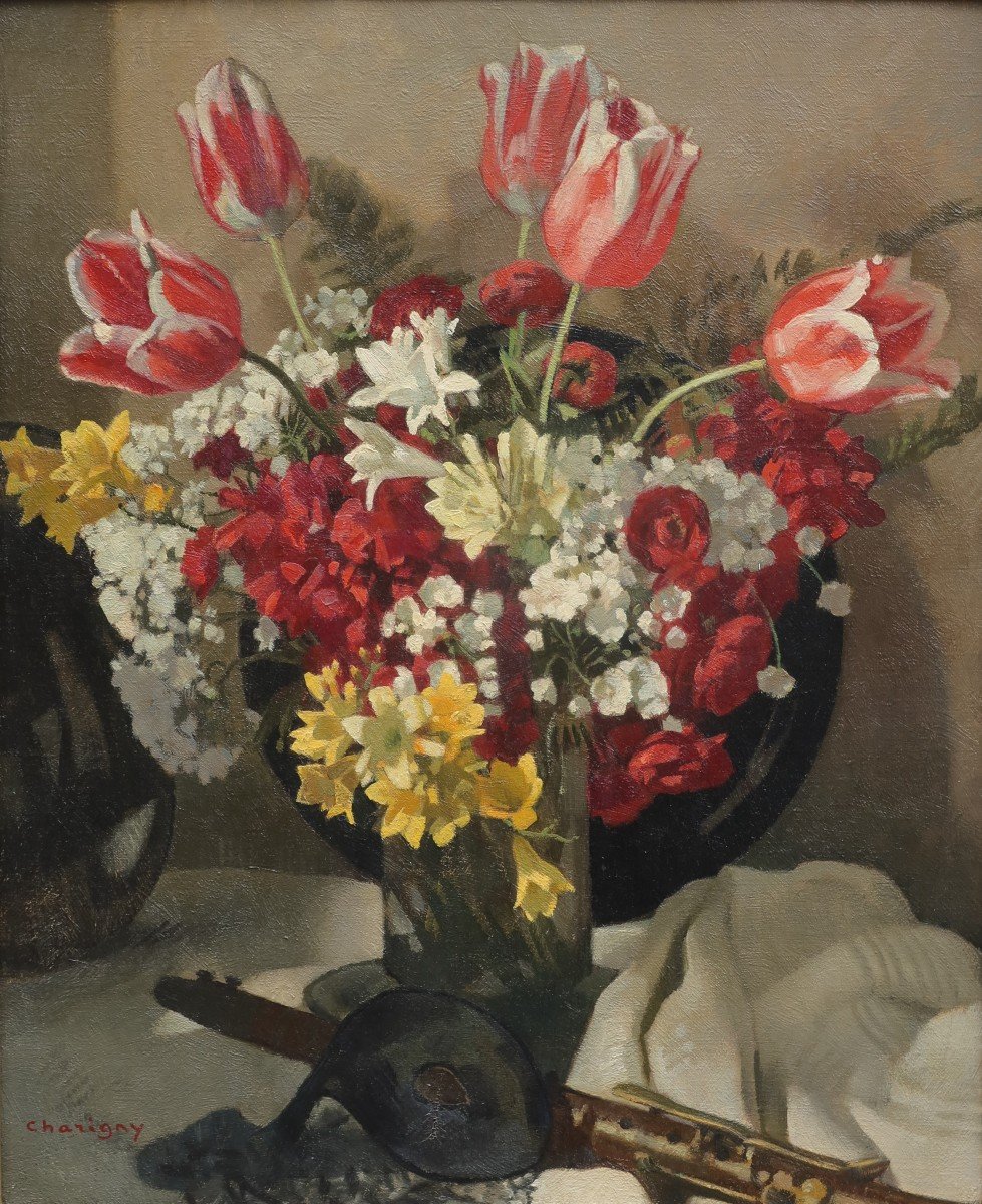 André CHARIGNY (1902-2000). Nature morte aux tulipes et à la clarinette.