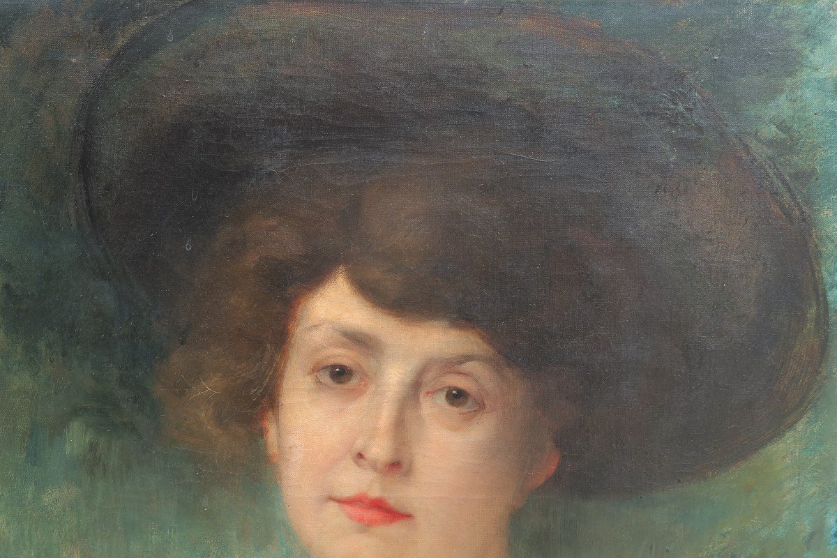 Léon HORNECKER (1864-1924). Portrait de femme au chapeau.-photo-3