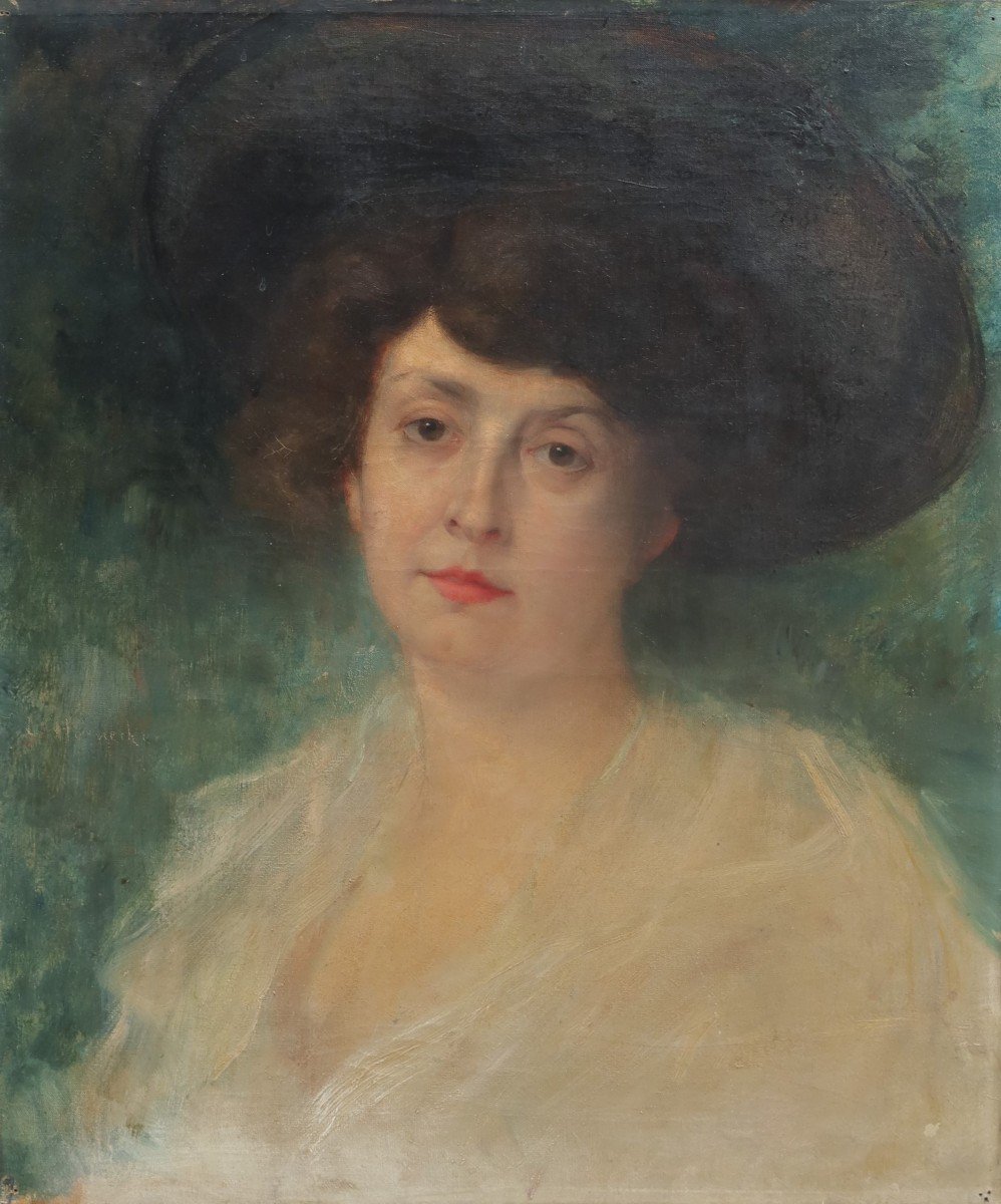 Léon HORNECKER (1864-1924). Portrait de femme au chapeau.