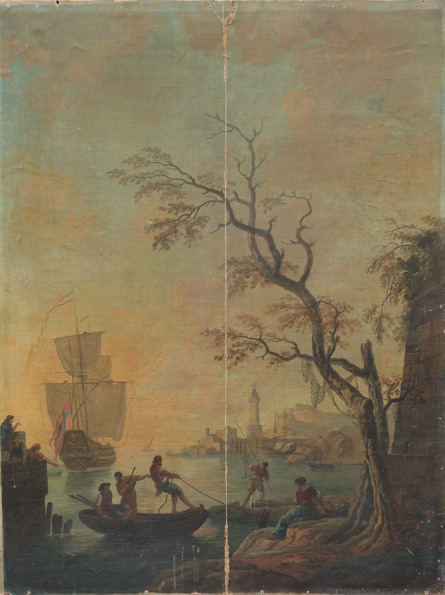 Very Large Painting Of A Port Scene, 19th Century, Follower Of Lacroix Of Marseille, J. Vernet