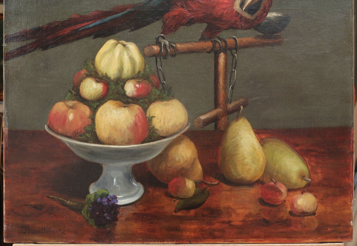 Paul Désiré TROUILLEBERT (1829-1900). Nature morte au perroquet.-photo-2