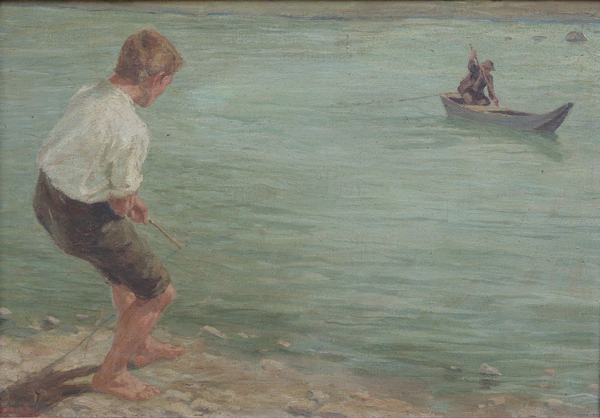 Andreas EINBERGER (1878-1953).  Jeune homme tirant une barque sur un lac. Autriche,Tyrol.