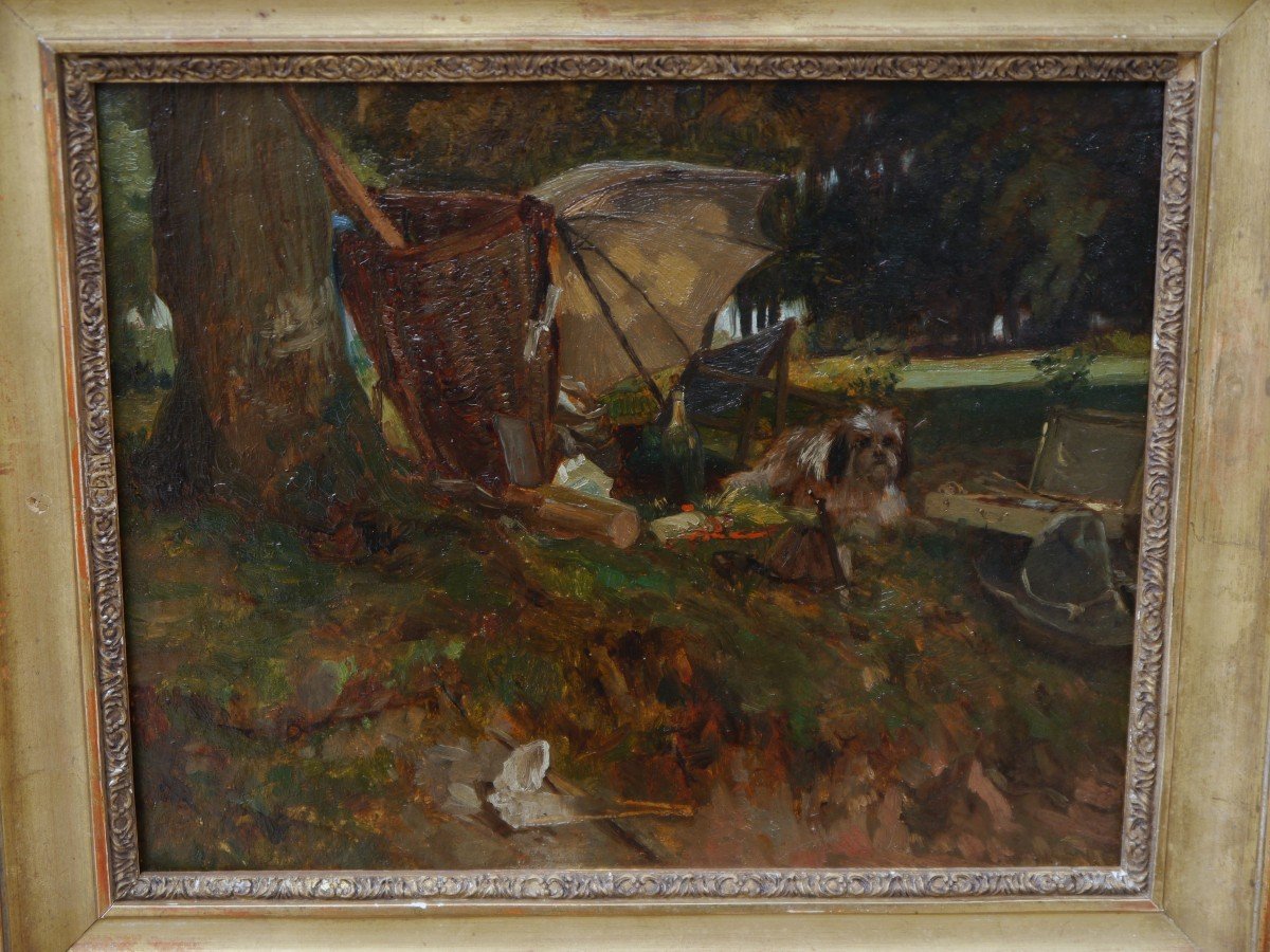 Still Life Outdoors: Painting Materials, Dog And Picnic. School Late 19th Century-photo-2