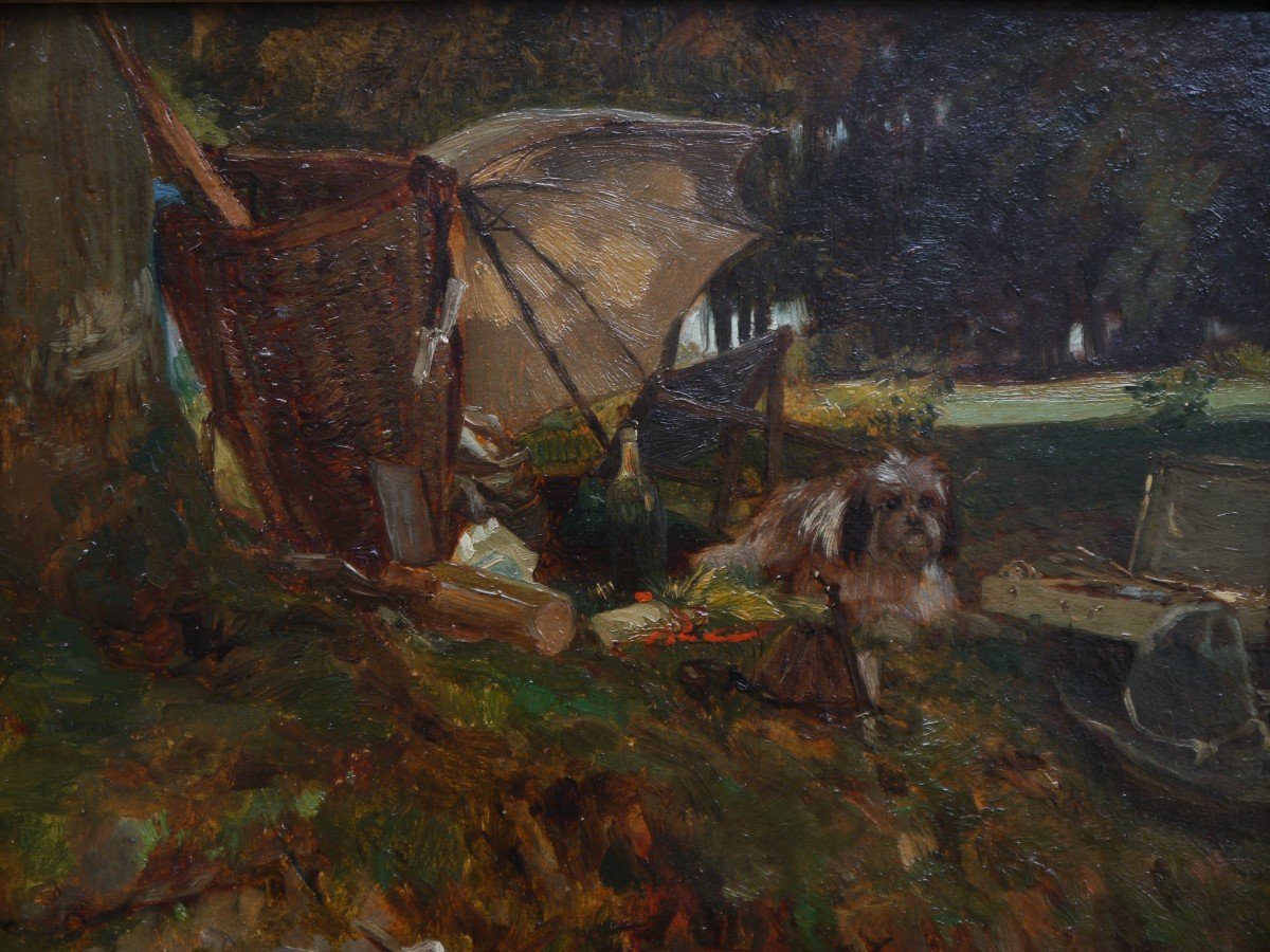 Still Life Outdoors: Painting Materials, Dog And Picnic. School Late 19th Century-photo-3