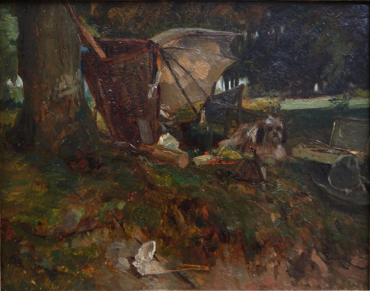 Still Life Outdoors: Painting Materials, Dog And Picnic. School Late 19th Century