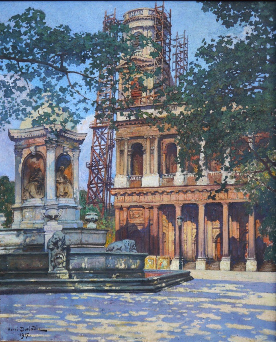 Grand tableau. Eglise et fontaine Saint-Sulpice, Paris. Henri DABADIE (1867-1949).