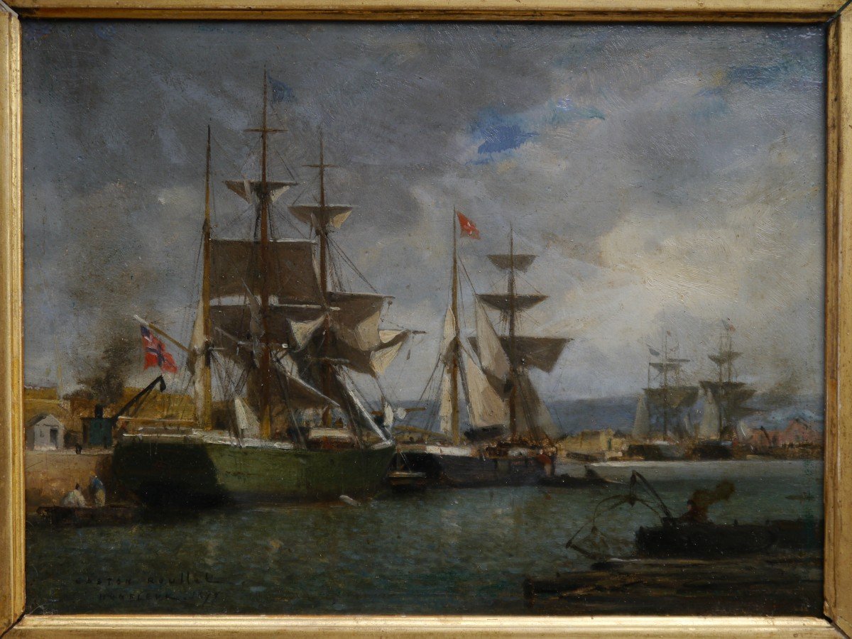 Gaston Roullet (1847-1925). Sailing Ships In Port, Honfleur?-photo-2