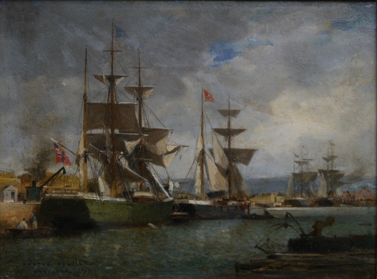 Gaston Roullet (1847-1925). Sailing Ships In Port, Honfleur?-photo-3