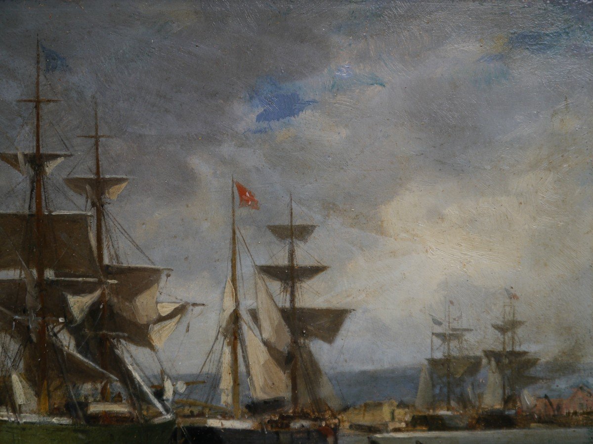 Gaston Roullet (1847-1925). Sailing Ships In Port, Honfleur?-photo-1