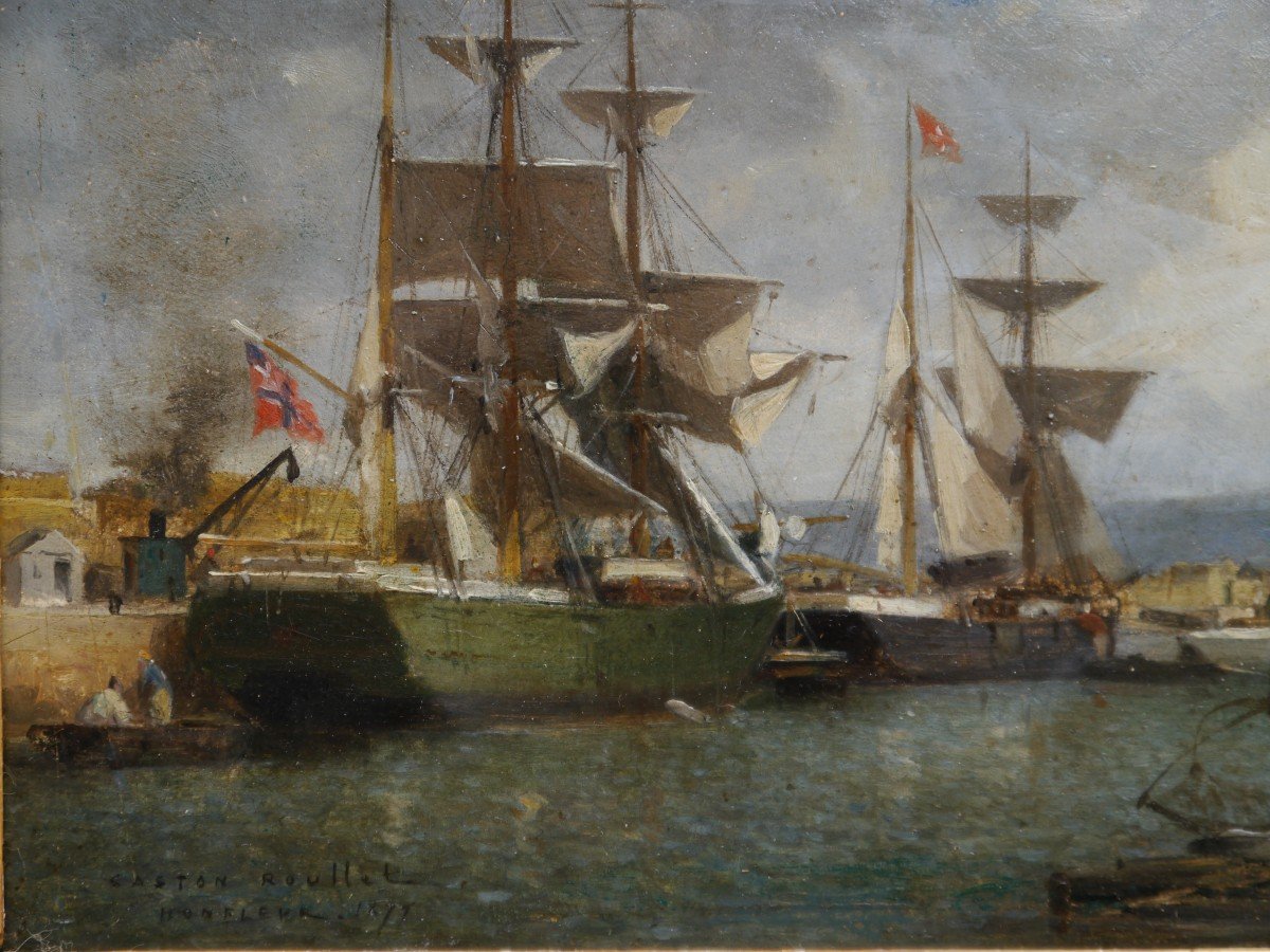 Gaston Roullet (1847-1925). Sailing Ships In Port, Honfleur?-photo-2