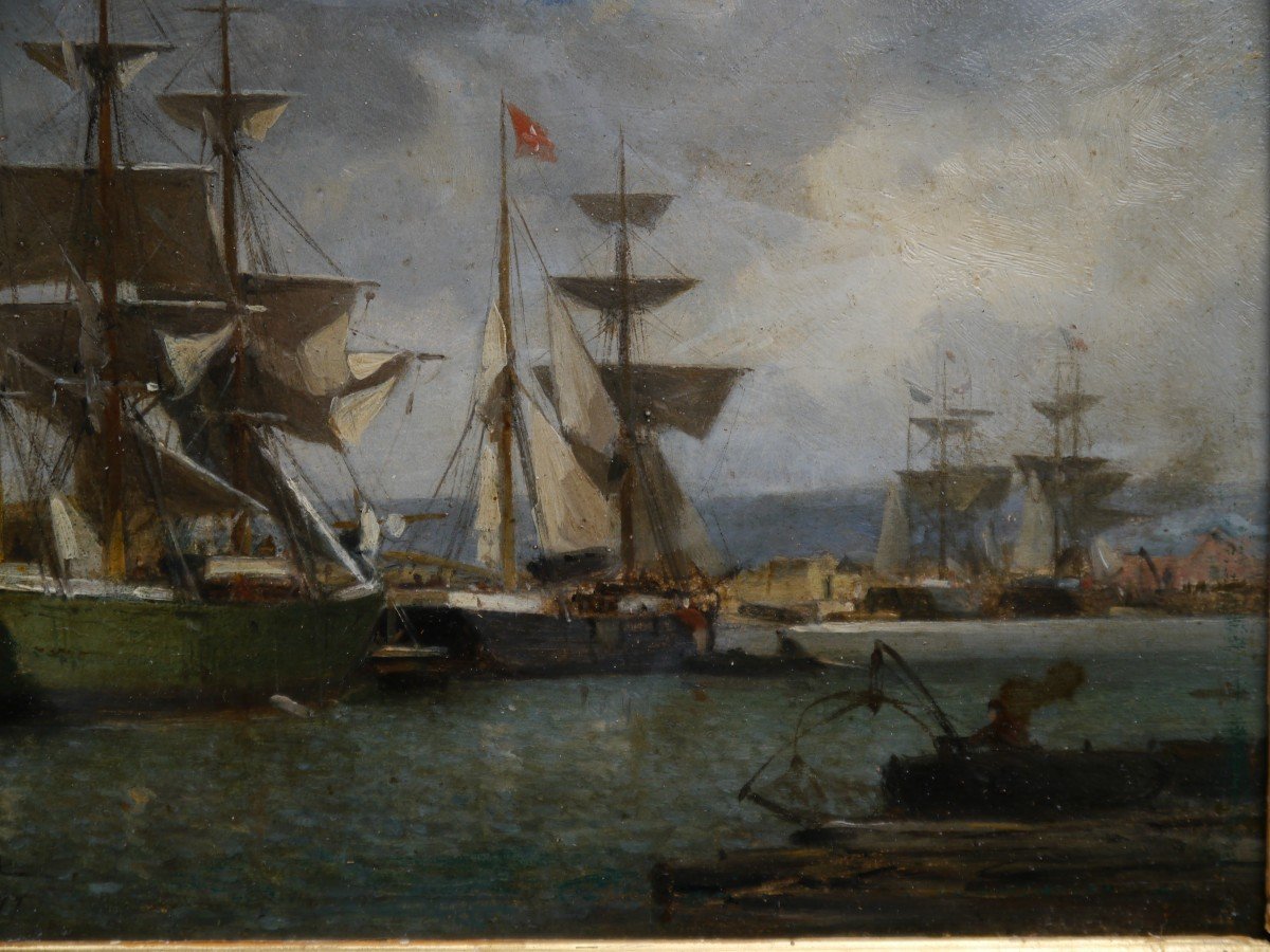 Gaston Roullet (1847-1925). Sailing Ships In Port, Honfleur?-photo-3