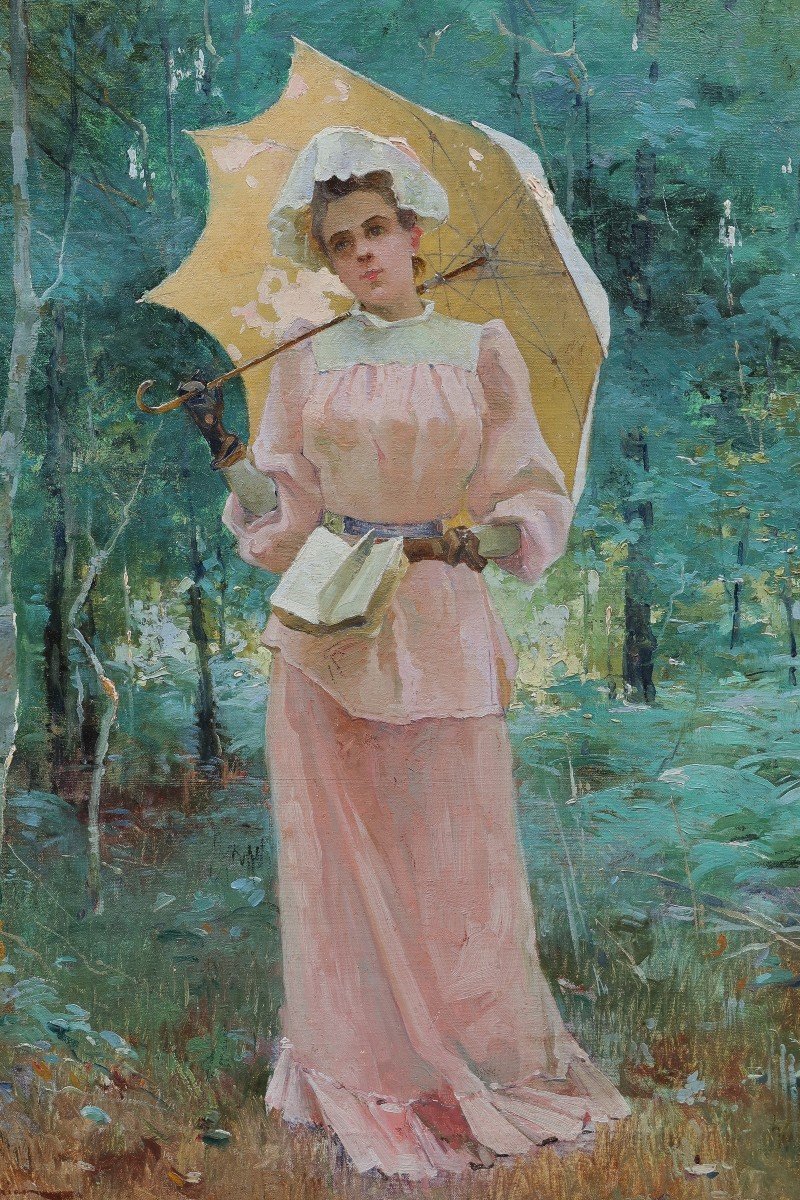 Henri Gaston DARIEN (1864-1926). Jeune femme au livre et à l'ombrelle.-photo-2