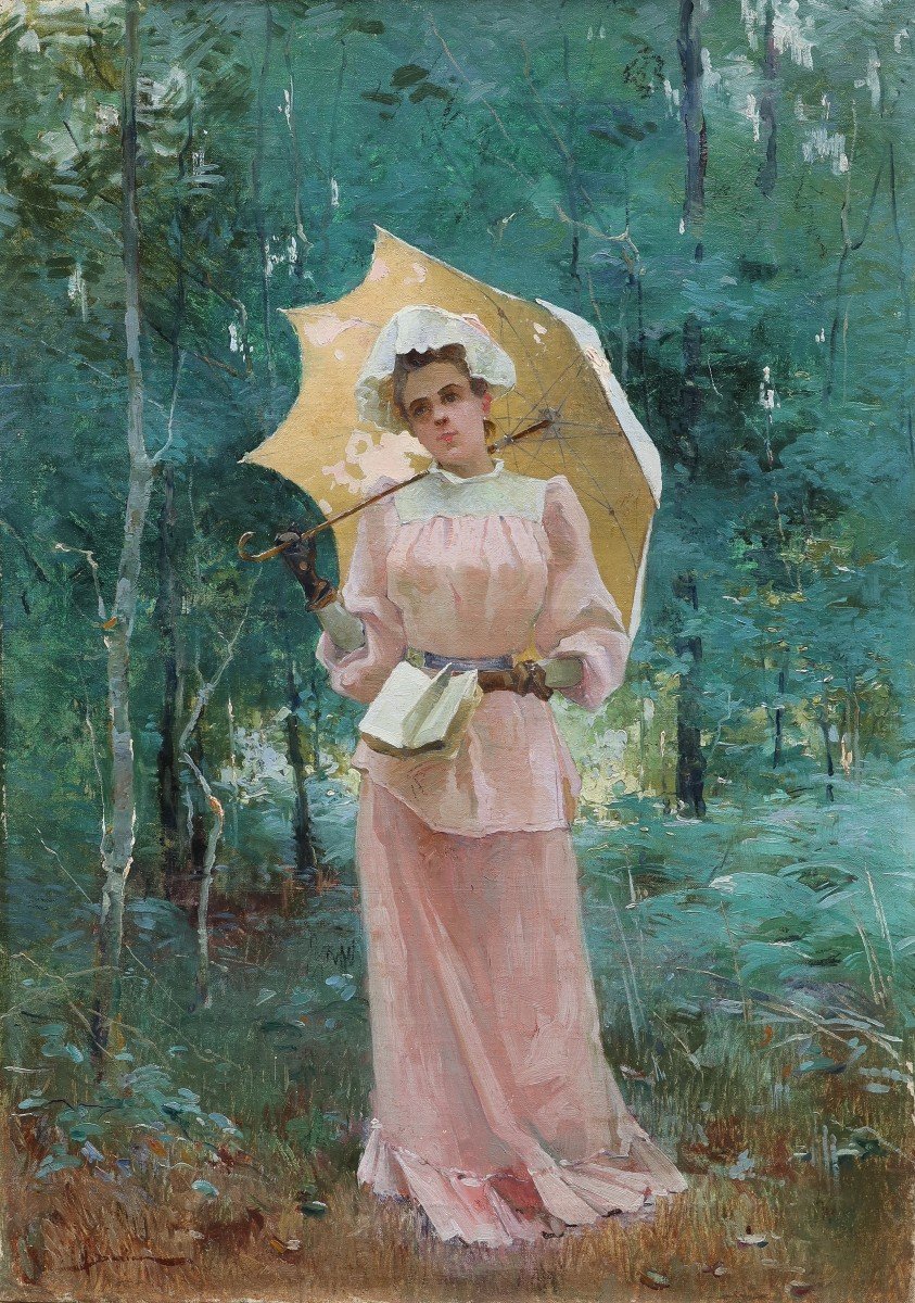 Henri Gaston DARIEN (1864-1926). Jeune femme au livre et à l'ombrelle.