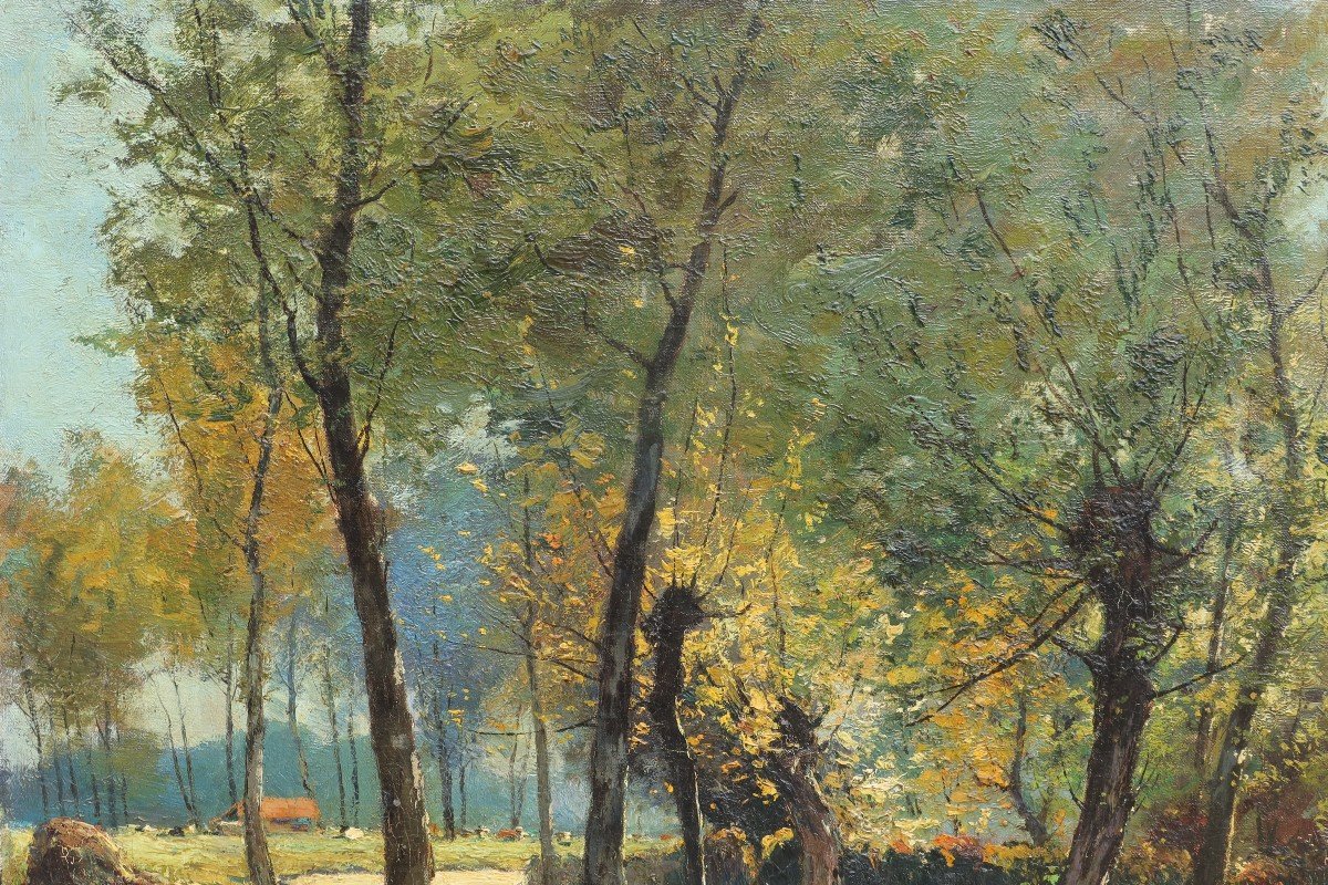 Prosper DE WIT (1862-1951). Grand paysage à la lavandière, Brabant.-photo-2