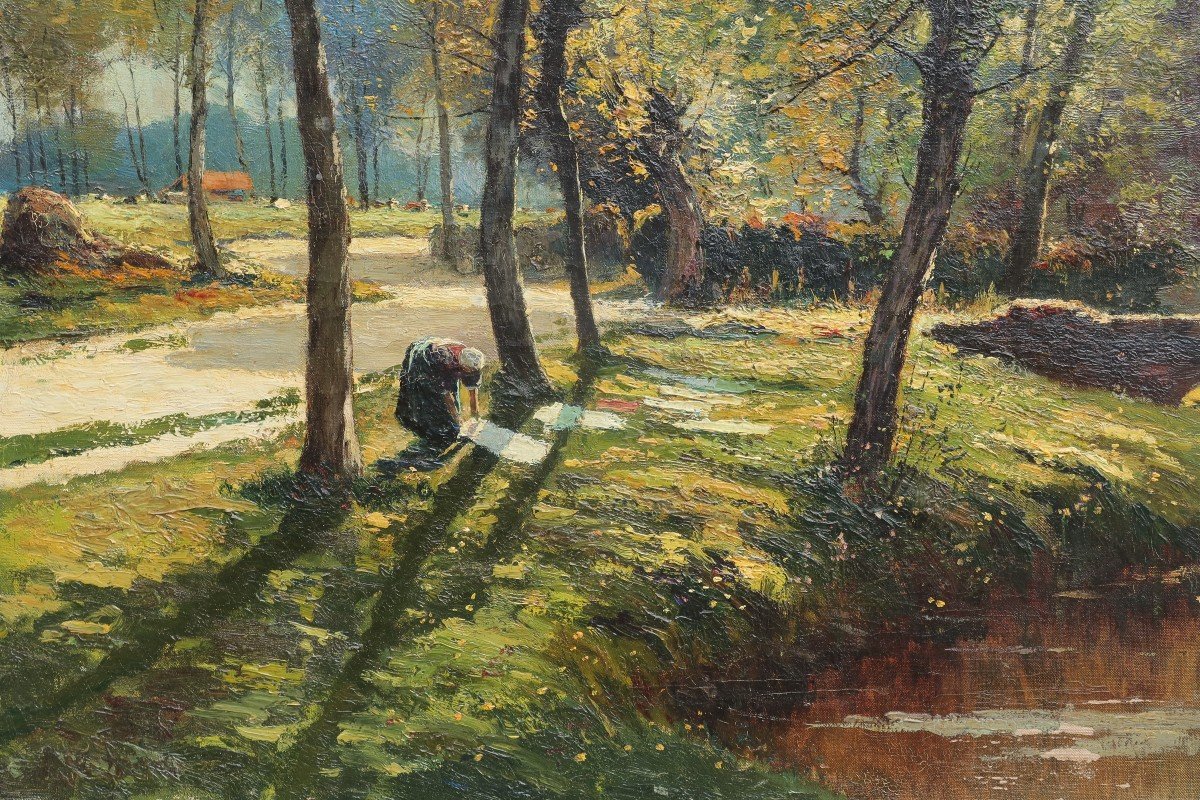 Prosper DE WIT (1862-1951). Grand paysage à la lavandière, Brabant.-photo-4