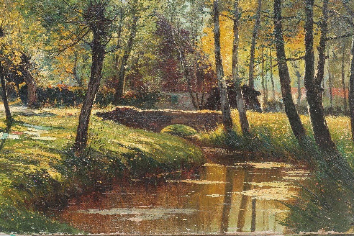 Prosper DE WIT (1862-1951). Grand paysage à la lavandière, Brabant.-photo-1