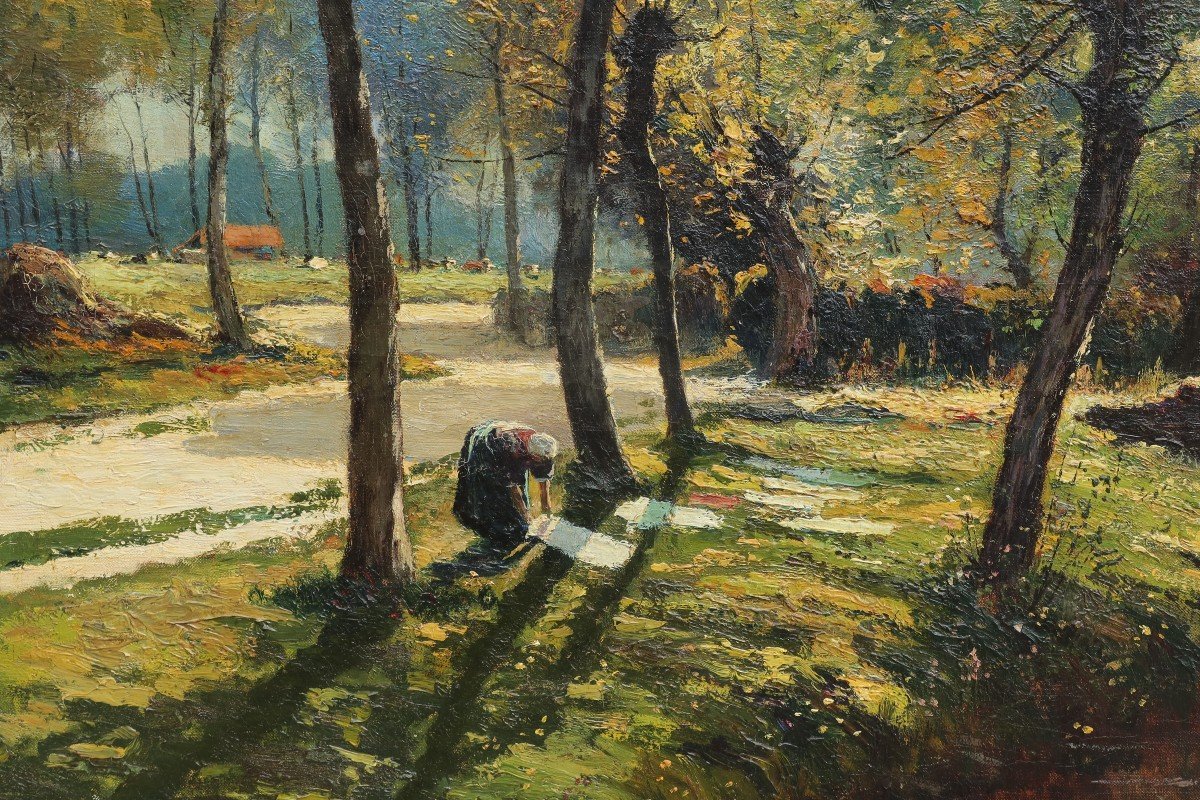 Prosper DE WIT (1862-1951). Grand paysage à la lavandière, Brabant.-photo-2