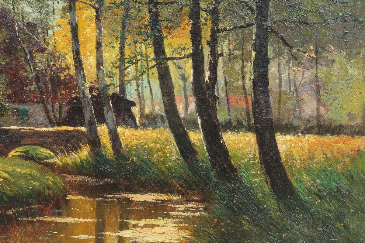 Prosper DE WIT (1862-1951). Grand paysage à la lavandière, Brabant.-photo-5