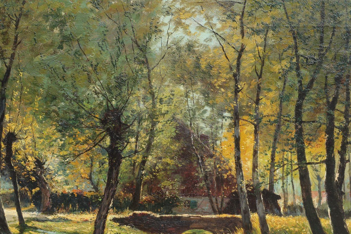 Prosper DE WIT (1862-1951). Grand paysage à la lavandière, Brabant.-photo-6