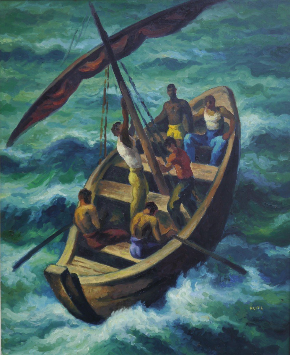 Robert HEITZ (1895-1984). Africains dans un bateau à voile