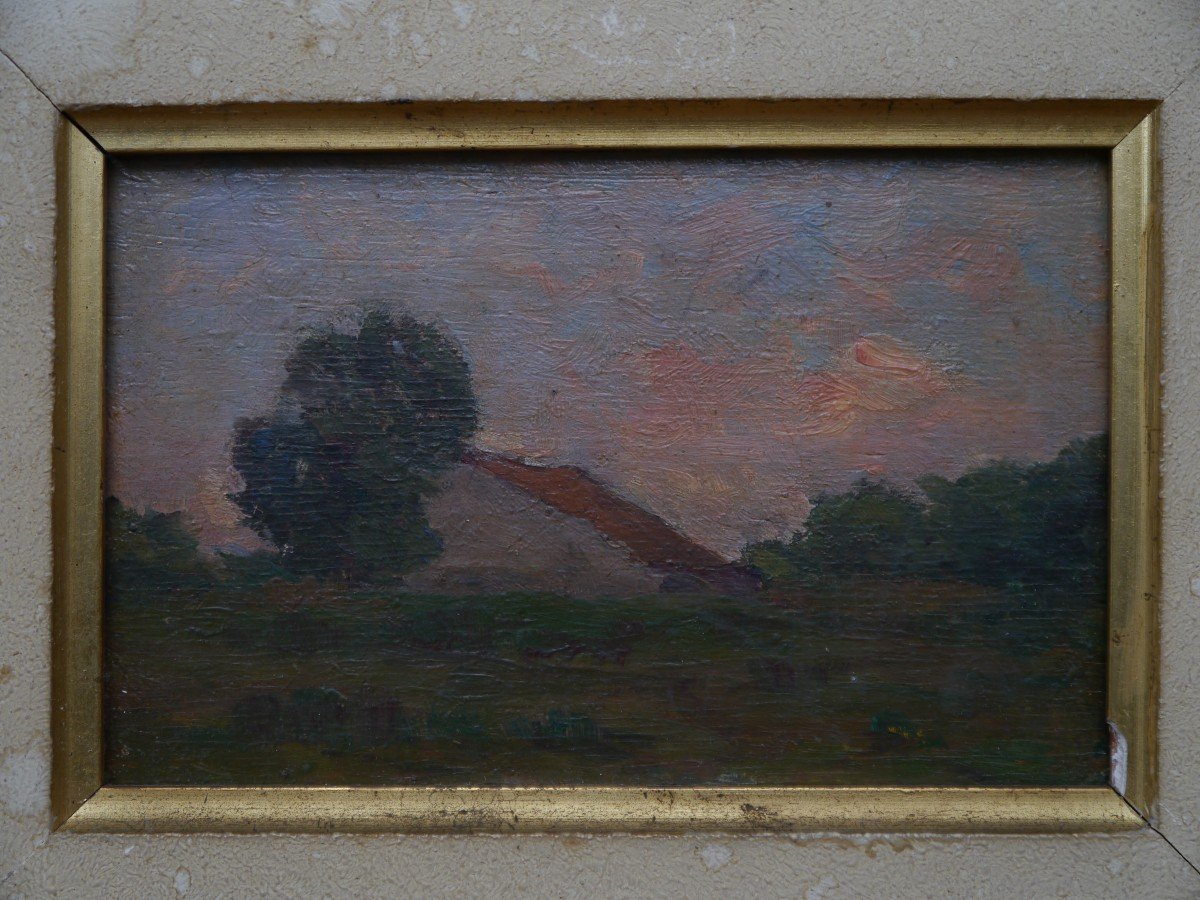 Paysage impressionniste, maison au crépuscule, vers 1900