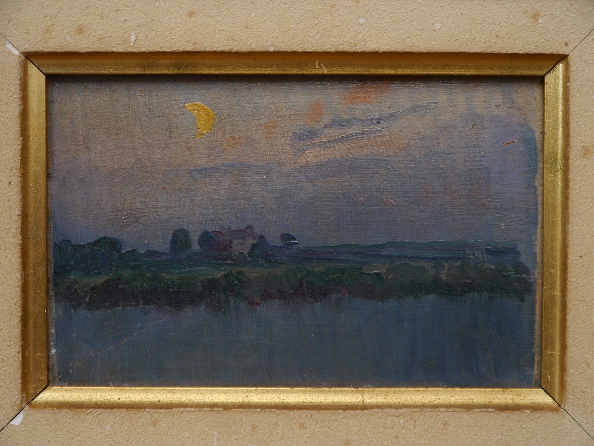 Paysage impressionniste nocturne à la lune vers 1910,situé et daté.