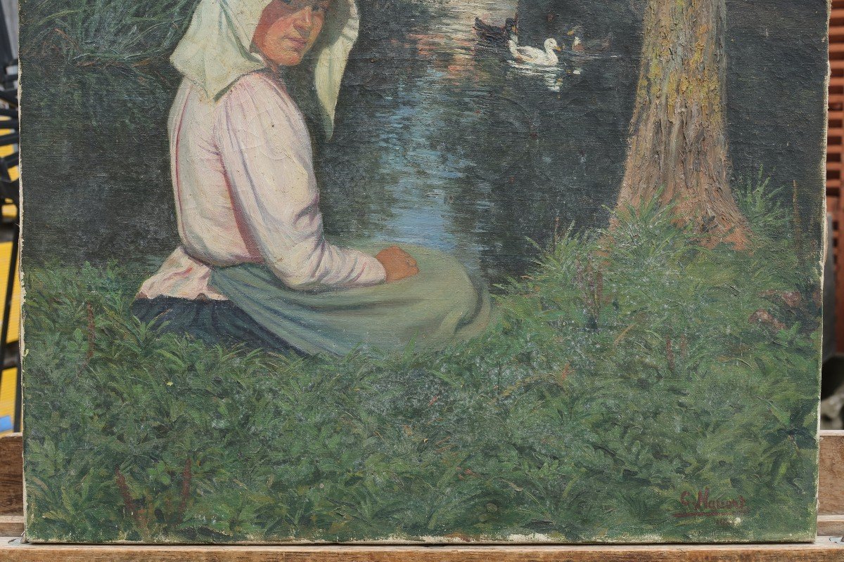 Jeune fille au bord de la rivière, 1901. Charles Nauert XIX-XXè-photo-1