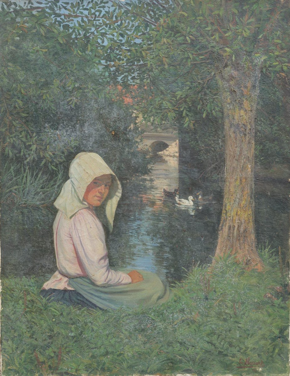 Jeune fille au bord de la rivière, 1901. Charles Nauert XIX-XXè