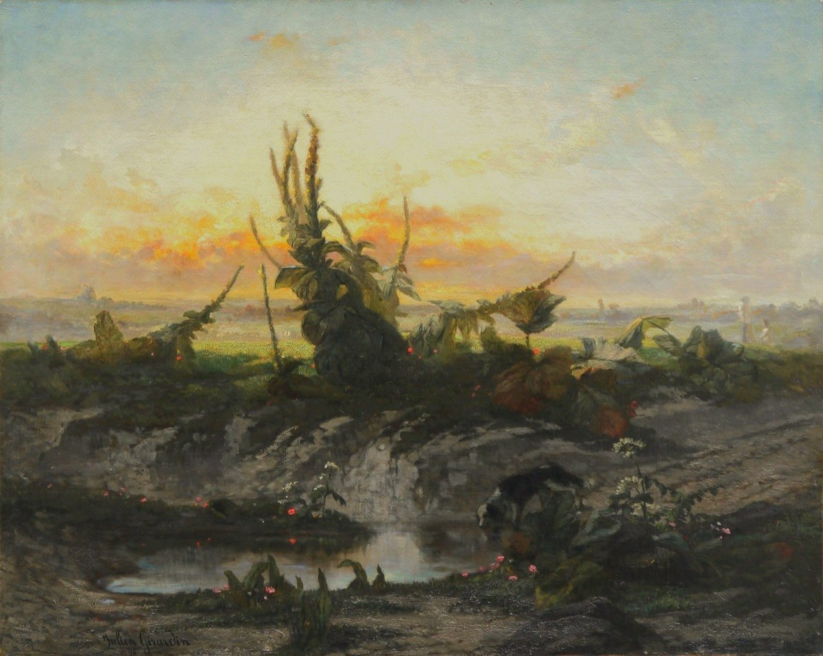 Chien dans un paysage crépusculaire aux bouillons blancs, 1856. Julien GIRARDIN (1824-1896)